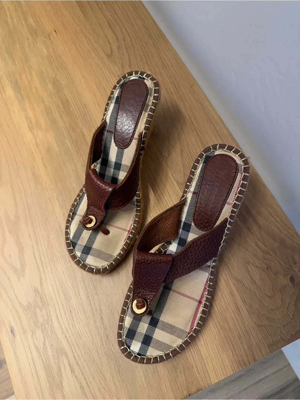 Burberry Brown Leather Espadrille Wedge Thong Sandals